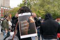 Activists rally on Washington Square Park in New York on April 27, 2024 against Iranian regime and its decision to sentence Hip Hop artist Toomaj Salehi to death. Rally was organized by the movement 