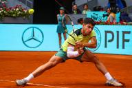 Carlos Alcaraz of Spain plays against Thiago Seyboth Wild of Brazil (not pictured) on Day Seven of the Mutua Madrid Open 2024 tournament at La Caja Magica. Carlos Alcaraz won 6-3, 6-3. (Photo by Miguel Reis \/ SOPA Images\/Sipa USA