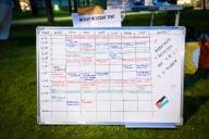 A timetable is displayed at the camp at the University of Manchester. Student protests and encampments are underway nationally at universities in solidarity over the war in Gaza after violent scenes on campuses in the United States. (Photo by Andy Barton \/ SOPA Images\/Sipa USA