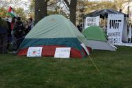 Newly erected tents stand at MIT\'s second encampment, which sits closer to Massachusetts Avenue in Cambridge. Students at MIT opened a second \'liberated\' encampment zone on their 11th day since their disclose and divestment protest began. The primary encampment, also called Scientists Against Genocide Encampment (SAGE), expanded so an adjacent rally organized by the Boston Party for Socialism & Liberation that couldn\'t access the main encampment could be included. Pro-Palestine protesters dubbed the second encampment as the "Dahdouh Welcome Center," in reference to the Palestinian journalist Wael Al-Dahdouh who has lost numerous family members during the Israeli bombardment of Gaza. Police allowed the peaceful rally to continue. Student protesters erected new tents on the second zone hanging long banner depicting receipts from the main tent. The receipt banners protest MITs involvement with the Israeli state to develop weapon and encampment protests demand MIT disclose and divest, like so many other