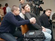 Officers of the Chief Intelligence Department (GRU) captain Eduard Oulman (second on the right), Alexander Kalagansky (left), Vladimir Voevodin (second on the left) and Alexey Perelevsky (right) were accused of killing 6 Chechen citizens on January, 11, 2002. The hearings were held in the Severo-Kavkazsky military court. 18.01.2005 Russia, Rostov region, Rostov-on-Don Photo credit: Vasilii\' Derjugin\/Kommersant\/Sipa