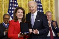 U.S. President Joe Biden stands with Bonnie Lautenberg after posthumously awarding her father late Senator Frank Lautenberg (D-NJ) with the Presidential Medal of Freedom, the countrys highest civilian honor, during a ceremony in the East Room of the White House in Washington, DC on Friday, May 3, 2024. Several of todays recipients are Democratic Party stalwarts, and Biden himself was awarded the honor by former President Barack Obama in the final days of their administration in 2017. Photo by Jonathan Ernst\/Pool\/Sipa