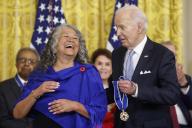 U.S. President Joe Biden presents United Farm Workers President Teresa Romero with the Presidential Medal of Freedom, the countrys highest civilian honor, during a ceremony in the East Room of the White House in Washington, DC on Friday, May 3, 2024. Several of todays recipients are Democratic Party stalwarts, and Biden himself was awarded the honor by former President Barack Obama in the final days of their administration in 2017. Photo by Jonathan Ernst\/Pool\/Sipa