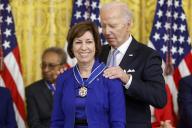 U.S. President Joe Biden presents astronaut and NASAs Johnson Space Center Director Ellen Ochoa with the Presidential Medal of Freedom, the countrys highest civilian honor, during a ceremony in the East Room of the White House in Washington, DC on Friday, May 3, 2024. Several of todays recipients are Democratic Party stalwarts, and Biden himself was awarded the honor by former President Barack Obama in the final days of their administration in 2017. Photo by Jonathan Ernst\/Pool\/Sipa
