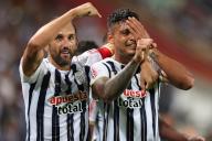 Hernan Barcos of Alianza Lima celebrates with his teammate Jeriel De Santis after scoring the 1-0 during the Liga 1 match between Alianza de Lima and UTC Cajamarca played at Nacional Stadium on May 3, 2024 in Lima, Peru. (Photo by Miguel Marrufo \/ pressinphoto \/ Sipa USA)PHOTO