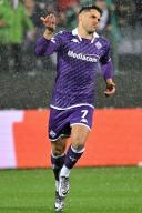 ACF Fiorentina\'s forward Riccardo Sottil celebrates after scoring a goal during ACF Fiorentina vs Club Brugge, UEFA Conference League football match in Florence, Italy, May 02 2024 (Photo by Lisa Guglielmi\/IPA Sport \/ ipa-a\/IPA\/Sipa USA