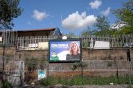 A Giorgia Meloni\'s election poster is seen in a street of Rome, Italy, on May 4 2024. On April 28 the Italian Prime Minister Giorgia Meloni announced her candidacy for Fratelli d\'Italia party in incoming European elections. (Photo by Elisa Gestri\/Sipa USA