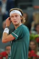 Andrey Rublev against Felix Auger Aliassime of Canada during the Men\'s Singles Final match on Day Thirteen of the Mutua Madrid Open at La Caja Magica on May 05, 2024 in Madrid, Spai (Photo by Oscar Gonzalez\/Sipa USA