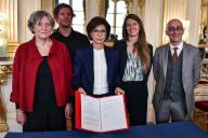 French Culture Minister Rachida Dati (C) poses for a photo with Chantal Latour (L), Robinson Latour (2L), Chloe Latour (2R) and Director of the National Archives at the Ministry of Culture Bruno Ricard (R) after signing the donation order during the ceremony of collecting Bruno Latour\'s archives with his Chantal Latour and her children at the Ministry of Culture in Paris on May 6, 2024. Photo by Firas Abdullah\/Abaca\/Sipa