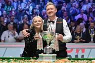 Kyren Wilson celebrates the Cazoo World Championships victory with his wife following the Cazoo World Championships 2024 Final at Crucible Theatre, Sheffield, United Kingdom, 6th May 2024 (Photo by Cody Froggatt\/News Images) in Sheffield, United Kingdom on 5\/6\/2024. (Photo by Cody Froggatt\/News Images\/Sipa USA