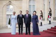 French President Emmanuel Macron, his wife Brigitte Macron Chinese President Xi Jinping and his wife Peng Liyuan before an official state dinner as part of the Chinese president\'s two-day state visit to France, at the Elysee Palace in Paris, on May 6, 2024Photo by Eliot Blondet\/Abaca\/Sipa