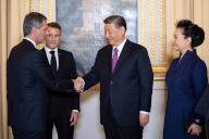 Rodolphe Saade shakes hands with Chinese President Xi Jinping (3th L) flanked by France\'s President Emmanuel Macron (2nd L), Chinese president\'s wife Peng Liyuan (2nd R) and France\'s President Brigitte Macron (R during presentations ahead of an official state dinner as part of the Chinese president\'s two-day state visit to France, at the Elysee Palace in Paris, on May 6, 2024. Photo by Eliot Blondet\/Abaca\/Sipa