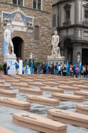 Florence, Uil brings 200 coffins to Piazza Signoria against deaths at work 05\/07\/2024 Florence Italy (Photo by Gianni Pasquini \/ ipa-agency.net\/IPA\/Sipa USA