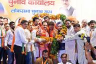 NEW DELHI, INDIA - MAY 7: Congress and AAP party leaders joining BJP in presence of Delhi BJP President Virendra Sachdeva and Manoj Tiwari at Pt. Pant Marg, on May 7, 2024 in New Delhi, India. (Photo by Sanjeev Verma\/Hindustan Times\/Sipa USA