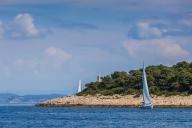 Sailing boat passes by Cape Pelegrin at Island Hvar, Croatia on May 8, 2024. Photo: Zvonimir Barisin\/PIXSELL\/Sipa