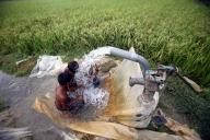 Children playfully takes a dip in a tubewell to get respite from the heat on a summer afternoon, on a hot summer day midst paddy fields on the banks of the River Jamuna on May 08, 2024, in Bogura, North of Dhaka, Bangladesh. Photo by Habibur Rahman\/Abaca\/Sipa