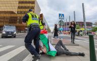 Police detain a protester in front of Malmo Arena during a protest against Israel\'s participation in the 68th edition of the Eurovision Song Contest (ESC) in Malmo, Sweden, May 9, 2024. Photo: Sanjin Strukic\/PIXSELL\/Sipa