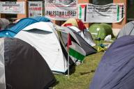 A Palestinian flag accompanies the tents, during a student camp on the campus of the Complutense University of Madrid, demanding that the genocide with the Palestinian people stop. Students from different faculties of the Complutense University of Madrid (UCM) set up an indefinite camp with the aim of showing their support for the Palestinian people and demanding an end to the genocide in the Gaza Strip. (Photo by Luis Soto \/ SOPA Images\/Sipa USA