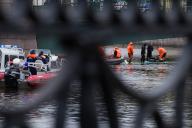 Emergency services personnel on a boat during a cordon under the Krasnoflotsky Bridge near the flooded bus. A passenger bus fell into the river after breaking through a fence on a bridge in St. Petersburg, Russia. Diving rescue operations have been completed at the accident site. According to the Russian Ministry of Emergency Situations, 9 people were rescued from the sunken bus. Two are in a terrible condition, four are in a state of clinical death, 3 people have died. (Photo by Artem Priakhin \/ SOPA Images\/Sipa USA