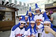 Finnish hockey fans outside the arena before the 2024 IIHF Ice Hockey World Championships preliminary round group A match between Czechia and Finland in Prague on May 10, 2024. (Photo by EMMI KORHONEN/LEHTIKUVA/Sipa USA