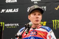 Dan Bewley seen during the post-qualifying sprint race press conference. On 10th and 11th May 2024, the FIM Speedway Grand Prix makes its Round 2 stop in Warsaw, Poland at the Stadion Narodowy. While the main event takes place on Saturday 11th May, on Friday the 10th May, riders participate in qualifying practice culminating in a history-making 1st ever SGP sprint race. British rider Dan Bewley overtook Danish star Leon Madsen to win the sprint, gaining himself 4 world championship points. (Photo by Neil Milton / SOPA Images/Sipa USA