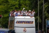 The bus with the Real Madrid players seen upon arrival in Cibeles during the celebration of their 36th League title. Real Madrid Football Club celebrated with its fans the achievement of its 36th Spanish League. As tradition, they have celebrated next to the statue of the Goddess Cibeles located in the Plaza de Cibeles in Madrid. (Photo by David Canales / SOPA Images/Sipa USA