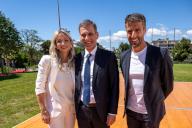 L-R : Veronique and Rodolphe Saade, Tony Estanguet attend inauguration of Tangram Centre, by CMA-CGM Group in Marseille, France, on May 8, 2024. Photo by Ammar Abd Rabbo/Abaca/Sipa