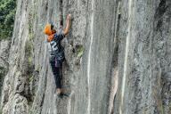 A man climb at Citatah Cliff 90, in Mount Masigit, West Java, Indonesia on May 10, 2024. Citatah Cliff is a place for rock climbing fans because the rocks on the cliff offer many levels of difficulty so it can be done by anyone, both beginners and professionals. (Photo by Ilham Ahmad Nazar / INA Photo Agency / Sipa USA