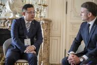 French President Emmanuel Macron and SVOLT CEO Hongxin Yang during the seventh "Choose France Summit", aiming to attract foreign investors to the country, at the Chateau de Versailles, near Paris, on May 13, 2024. Photo by Eliot Blondet/Abaca/Sipa