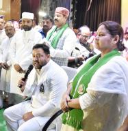 PATNA, INDIA - MAY 13: RJD leader Tejashwi Yadav with party candidate from Pataliputra constituency Misa Bharti during a public rally for Lok Sabha election at S.K. Memorial hall on May 13, 2024 in Patna, India. (Photo by Santosh Kumar/Hindustan Times/Sipa USA