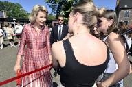 Queen Mathilde of Belgium greets the students during a royal visit to secondary school Mosa-RT, during an official visit to Limburg Province, in Maaseik, Tuesday 14 May 2024. The school offers some 40 different study areas, the royal couple will discover the school