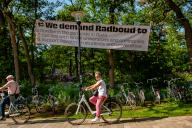 A banner asking several demands hangs over the bikes during a student protest at Radboud University campus. Following student protests on campuses in Amsterdam and Utrecht last week, students in Nijmegen have set up a camp on the Radboud University campus. Students and staff called for the Dutch institutions to end their complicity in the ongoing genocide in Gaza and denounce violent methods that the police used to suppress peaceful protesters. According to the Mayor of Nijmegen, Hubert Bruls, for the moment, the students are allowed to stay there. (Photo by Ana Fernandez / SOPA Images/Sipa USA