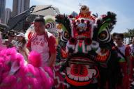 Lion dancers seen during the Tam Kung Festival Parade. On the 8th day of the fourth lunar month, people gather to celebrate the birthday of Tam Kung who is believed to be the god of wind and rain. (Photo by Nora Leung / SOPA Images/Sipa USA