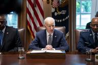 President Joe Biden holds a meeting with the Joint Chiefs of Staff and Combatant Commanders in the Cabinet Room of the White House in Washington, DC on Wednesday, May 15, 2024. Photo by Bonnie Cash/Pool/Sipa