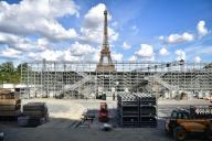This photograph shows the ongoing construction work for the upcoming Olympic and Paralympic Games Paris 2024, at the Place du Trocadero in Paris on May 16, 2024. Photo by Firas Abdullah\/Abaca\/Sipa