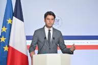 French Prime Minister Gabriel Attal delivers a speech after the defense council at Elysee palace in Paris, France on May 16, 2024, after three nights of clashes in France