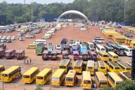 Ranchi, May 12, 2024 (ANI): Buses are parked in queues before departing to their respective polling booths for the fourth phase of the Lok Sabha elections, in Ranchi on Sunday. (ANI Photo via Hindustan Times/Sipa USA