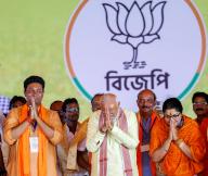 Hooghly, May 12, 2024 (ANI): Prime Minister Narendra Modi with Bharatiya Janata Party (BJP) candidate from Hoogly, Locket Chatterjee and party candidate from Serampore, Kabir Shankar Bose during the public meeting for the Lok Sabha Polls, in Hooghly on Sunday. (ANI Photo via Hindustan Times/Sipa USA