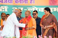 Amethi, May 12, 2024 (ANI): Uttar Pradesh Chief Minister Yogi Adityanath being felicitated during a public rally in support of the BJP candidate for Amethi, Smriti Irani for the Lok Sabha election, at Gauriganj in Amethi on Sunday. (ANI Photo via Hindustan Times/Sipa USA