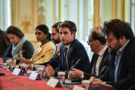 French Prime Minister Gabriel Attal heads a meeting with the liaison committees on the situation in New Caledonia at Hotel de Matignon in Paris on May 17, 2024. Photo by Firas Abdullah/Abaca/Sipa