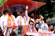 NAVI MUMBAI, INDIA - MAY 17: Maharashtra CM Eknath Shinde, BJP MLA Ganesh Naik, Ex-MP Sanjeev Naik , BJP Sandeep Naik with Lok Sabha Candidate from Thane Naresh Maske during a public rally at Koperkhairne on May 17, 2024 in Navi Mumbai, India. (Photo by Bachchan Kumar\/Hindustan Times\/Sipa USA