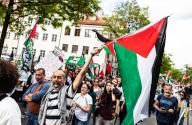 Thousands gathered at the Nakba-Demo on May 18, 2024 in Munich, Germany. Among the call they demand: " a stop of the genocide in Gaza ", protest against " the continuous displacement " and demand " a right to return ". (Photo by Alexander Pohl/Sipa USA