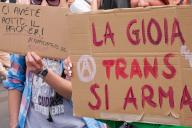 05\/18\/2024 Rome, Protesters with placards during a demonstration for the self-determination of trans, non-binary and intersex people, against institutional violence. Ps: the photo can be used in compliance with the context in which it was taken, and without defamatory intent of the decorum of the people represented. (Photo by Stefano Ronchini \/ ipa-agency.ne\/IPA\/Sipa USA