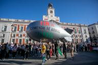 Pro-Palestinian protesters move a rocket-shaped inflatable during a rally. Concentration in support of Palestine in the center of Madrid in order to demand that the Spanish Government cease the purchase and sale of weapons to the State of Israel, in addition to the recognition of the Palestinian State. (Photo by David Canales / SOPA Images/Sipa USA