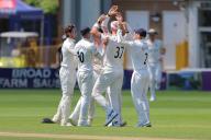 The Cloud County Ground Players of Warwickshire celebrate as Michael Rae (37 Warwickshire) takes the wicket of Feroze Khushi (Essex) for 0 runs during the third day of the County Championship Division One match between Essex and Warwickshire at The Cloud County Ground (Promediapix \/ SPP) (Photo by Promediapix \/ SPP\/Sipa USA