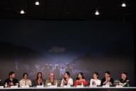 Edgar Ramirez, Zoe Saldana, Jacques Audiard, Karla Sofía, Selena Gomez, Camille, Clement Ducol, Damien Jalet attending the "Emilia Perez" press conference ahead of the 77th annual Cannes Film Festival at Palais des Festivals on May 19, 2024 in Cannes, France. Photo by Davids Boyer/Abaca/Sipa