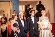 (L-R) Richard Gere, Allejandra Silva, Homer James Jigme Gere and Uma Thurman attend the "Oh, Canada" Red Carpet at the 77th annual Cannes Film Festival at Palais des Festivals. (Photo by Loredana Sangiuliano / SOPA Images/Sipa USA