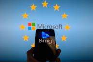 The Bing logo is displayed on a smartphone with Microsoft logo visible in the background in this photo illustration. Taken in Brussels, Belgium. On May 21, 2024. (Jonathan Raa / Sipa USA) *** Strictly for editorial news purposes only 