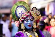 Indian Artist dressed as Hindu God as Performs during an annual Hindu religious Procession locally known as Shyam Baba festival Celebration in Ajmer, Rajasthan, India on 19 May 2024. Photo by Abaca\/Sipa