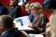 French deputy and president of Le Rassemblement National RN far right parliamentary group Marine Le Pen during a session of questions to the government at the National Assembly, French Parliament lower house, on May 21, 2024. Photo by Raphael Lafargue/Abaca/Sipa